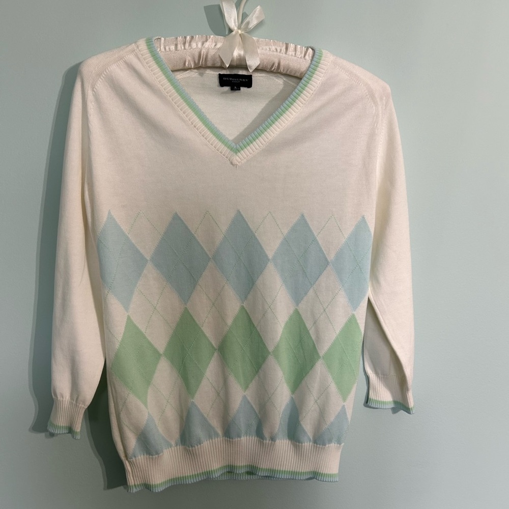 Women's Argyle V-Neck Sweater - Cream, Green, Blue